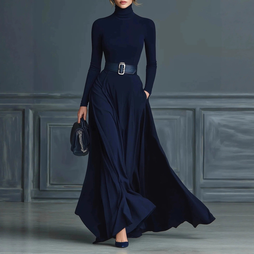 H&M Autumn Winter Long Sleeve Solid High Neck Bodycon Maxi Dress